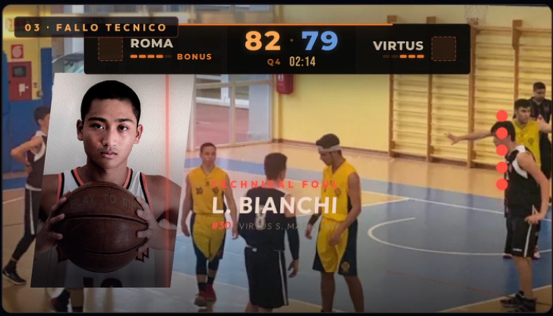 Partita di basket in diretta con punteggio e nome del giocatore